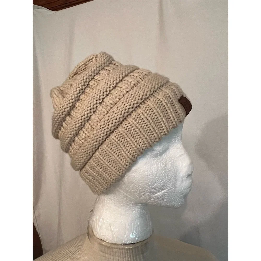 C.C Unisex Knit Beanie Hat‎ Brown Ribbed Cuff Winter Warm OS ribbed cuff khaki